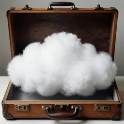 realistic photo of white hairy cloud in a wooden box briefcase, front view, grain 1 9 9 0, life magazine reportage photo, metropolitan museum photo