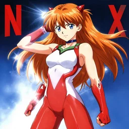 Key anime visual of Asuka Souryuu Langley; 2d digital illustration(5px line width), Netflix promotional anime visual(colored); sharp and high quality, dynamic composition, 8k HD, ranking # 1 on Pixiv; by the artist Kentaro Miura