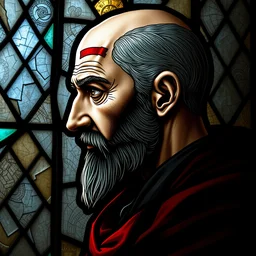 gothic stained glass window, detailed side portrait of letho of gulet, a 3 5 year old man, witcher, small eyes, side - view, profile view, bald and shaven, large head scar, detailed and masterful, backlit