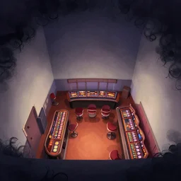 curly perspective digital art of minimalistic indoor top floor of a casino with a view to the ground floor by anton fadeev from ( nightmare before christmas )!!!!!!!!!!