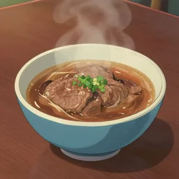 a bowl of steak soup on a table corner view in the style of studio ghibli, fancy