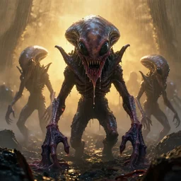 unknown menacing slime dripping wet nightmarish hellish visceral alien creatures, staring you down, moor field, fog, rain, volumetric lighting, beautiful, golden hour, sharp focus, ultra detailed, cgsociety