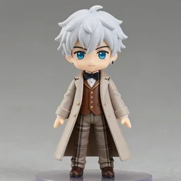 nendoroid aziraphale from good omens, finely detailed features, good omens tv series, white curly short hair, beige suit, tartan pants, long coat, brown vest, bow tie, high detail, michael sheen