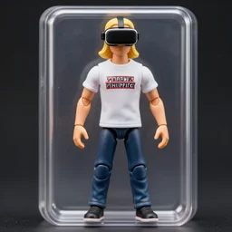 action figure of a skinny blonde male wrestler wearing a vr headset and wearing a t - shirt and jeans, high detail, realistic,