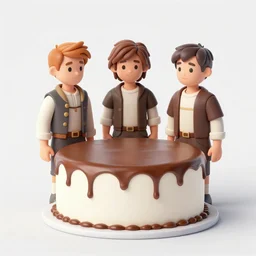 three musketeers with white birthday cake covered in brown sauce on table