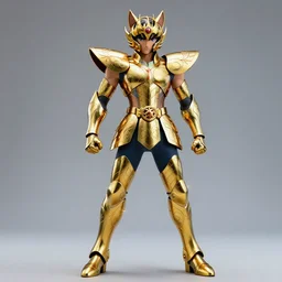 photorealistic full shot of Saint Seiya knight wearing golden Cat armor, detailed, inspired by Masami Kurumada, unreal engine, ArtStation