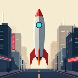 rocket standing on a street in the middle of a cyberpunk city, neon signs, beige background, minimalism, flat design, flat colors, in the style of a wartime propaganda poster