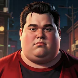 a comic potrait of fat obese dan schneider from drake and josh with black and red parts, fine - face, realistic shaded perfect face, fine details. night setting. very anime style. realistic shaded lighting poster by ilya kuvshinov katsuhiro, unreal engine, global illumination, radiant light, detailed and intricate environment
