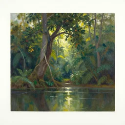oil painting lanscape by anders zorn, jungle nature, fruit trees, very very very very beautiful art, dramatic light, water reflections, aquarelle paint splashes, white canvas border
