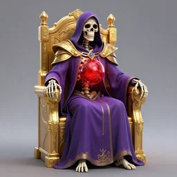 a skeleton in a purple robe, golden magical shoulder pads, in a hood, a red magic sphere in his chest, he stands next to a golden throne, realism, game quality, 3d render, proportions