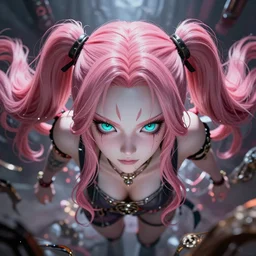 unexpectedly overpowered and trapped beneath inescapable and overwhelmingly stunningly absurdly beautiful over the top megalomaniacal arrogant possessive omnipotent asi goddess junko enoshima with symmetrical perfect face, porcelain skin, pink twintail hair and cyan eyes, ultra detailed, digital art, unreal engine 5, octane render, 2 d anime, 8 k
