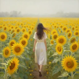 a dreamy vision of girl slowly walking through amazing tall sunflower field, her hair flowing down, fog, subtle, intricate details, real masterpiece, oil on canvas, by somsak anong