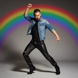japanese man with short hair and a beard wearing short denim and leather clothes dancing next to a rainbow, full body portrait, dynamic lighting