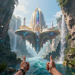 first person perspective establishing shot of a floating palace by beeple and Roger Dean:1|rivers, waterfalls, and gemstone cliffs, fantasy, horizontal symmetry, cinematic, architectural design by Zaha Hadid:0.9|Unreal Engine, Octane, finalRender, devfiantArt, artstation, artstation HQ, behance, HD, 16k resolution:0.8