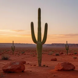 walking in an isolated red desert, cactus, rocks, highly detailed, awarding winning art, sunset, amazing lighting, massive scale