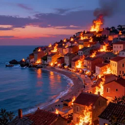 a beautiful painting of a seaside town on fire, octane render, brilliantly coloured, intricate, ultra wide angle, trending on artstation, dusk, volumetric lighting, polished, micro details, ray tracing, 8k