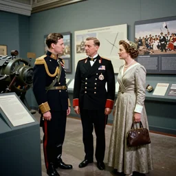 an image of a archduke and queen visiting a war museum in a medium full shot, vintage historical fantasy 1 9 3 0 s kodachrome slide russian and japanese mix.