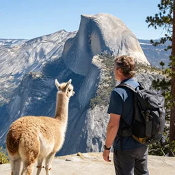 breathtaking view of half dome with llama and kirk cameron wearing backpacks