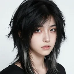 a pale emo girl with messy black hair, a dyed hair highlight, soft facial features, bangs covering one eye, myspace picture