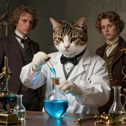 an aristocratic cat dressed as a scientist crafting a modern transparent little bottle filled with magic blue iridescent liquid, art highly detailed, by frank frazetta, keith parkinson and greg rutkowski and aleksandra skiba, concept art, steampunk