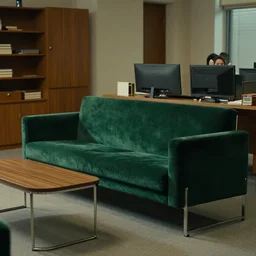 a still of severance series indoor 7 0 s green velvet and wood with metal furniture office scenario appearing in a film of parajadnov, in movie color of the pomegranates ( 1 9 6 9 )