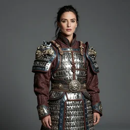 Juliette Binoche wearing Mongolian armor, portrait, fashion photography, by Hedi Slimane