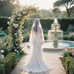 analog photograph of beautiful woman from the back, wearing a long flowing trumpet style lace wedding dress and veil in a stunning garden on a small stone pathway with a flower archway and a pristine water fountain, golden hour, by mark owen. pastel colours. light rays. bokeh. cinematic. hq. detailed. contrast. cinestill 8 0 0 t