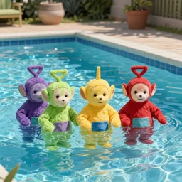 photorealistic, real, photograph, teletubbies swimming in a outdoor pool