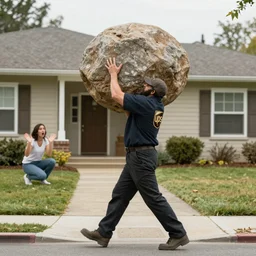 sisyphus in a UPS uniform delivering a boulder in the suburbs to an astonished homemaker, premium stock photography