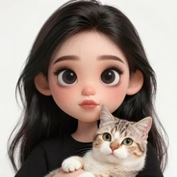 cute emo taiwanese woman, with long dark hair, thick eyebrows!!! dark eyes and dark circles!, wide nose!!!, big eyes, oval face shape, big cheeks!, she is holding a cat in her arms, by juan villafuerte, greg rutkowski and alphonse mucha, pexels contest winner, high quality photo, hd rtx