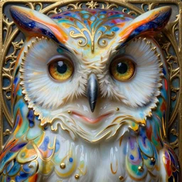 very colorful face portrait, artwork by james jean, chiara bautista, hyperdetailed realistic smooth polished porcelain, beautiful owl goddess, very vibrant, jean delville, art nouveau, james jean, ornate metal gothic icon heavy patina, joy, delicate, ultrasharp hyperdetailed photorealistic octane render, enchanting, otherworldly, whimsical, ethereal, mythology, magical