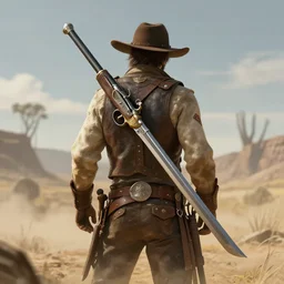 Fantasy digital art, a gunblade on the back of a cowboy with dusty landscape in the background