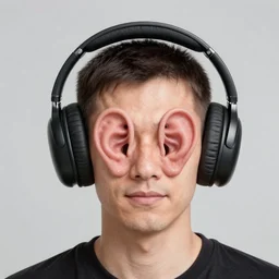 promotional product concept photo of the tripodhones, a person with 3 ears wearing a 3 - eared headphone concept, headphones designed for people with 3 ears