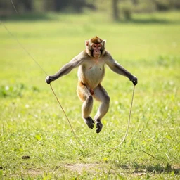 a monkey jumping rope in a field, with bright sunshine, realistic photo