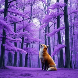 realistic. gorgeous forest. fantasy. purple soft fluffy wool. fox. laughs. intricate patterns on trees. made of purple soft, fluffy, shiny wool. hyper realistic. clear photo.