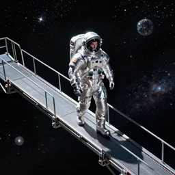 man in silver space suit, walking on an industrial catwalk suspended in the darkness of space, surrounded by stars, realistic illustration, isometric view