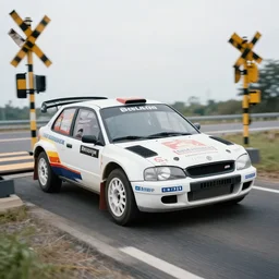 retro rally car driving over a train crossing. film, high - speed sports photography, soft lighting