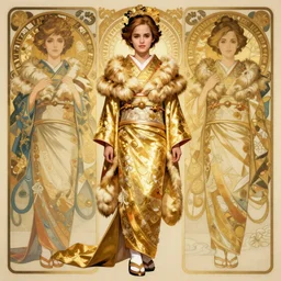 asian emma watson wearing golden furisode, full body, symmetric, intricate, highly detailed, concept art, sharp focus, illustration, aleksi briclot, rutkowski, mucha