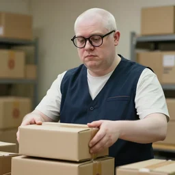 hyperrealistic photo of a pale white amazon male employee sorting packages, wearing a vest, wearing creepy glasses, soft facial features, slightly chubby