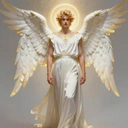 fullbody portrait of a beautiful young fit male angel with curly blond hairs, full dressed in long fluent clothes, majestic symmetrical big dove wings, luminous halo, by greg rutkowski and alphonse mucha, gradient white to gold, in front of an iridescent background, highly detailed portrait, digital painting, artstation, concept art, smooth, sharp focus illustration