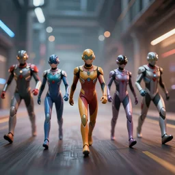 speed, diverse fast cybersuits, from behind, motion blur, bokeh, wide wide angle, vivid, elaborate, highly detailed, beautiful lighting
