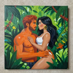 a graffiti painting of jungle love, green and orange color scheme, artstation