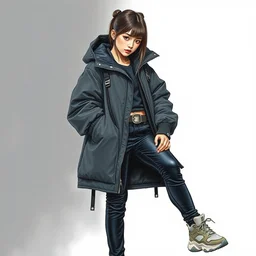 a copic maker realistic portrait of kpop idol girl by yoshiyuki sadamoto, alfons mucha wearing a dark puffy anorak tight leggins and yeezy sneakers chic, zippers, belts & velcro galore, cargo pants chic'techno fashion trend by issey miyake and balenciaga streetwear utility 8 k