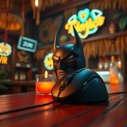 a closeup photorealistic photograph of a batman style computer mouse sitting at a trader vic's bar featuring batman face. tiki theme. tiki culture. bright scene. fine detail. this 4 k hd image is trending on artstation, featured on behance, well - rendered, extra crisp, features intricate detail, epic composition and the style of unreal engine.
