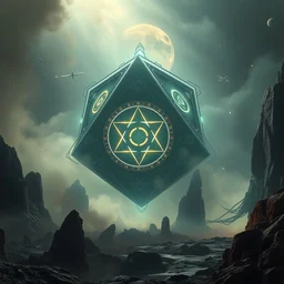 sci - fi space base, bad omens, a floating magnificent tetrahedron spacecraft, mystical symbols glowing!! medium long shot. mist, dust in the air, unreal engine, octane render, deep space, ultra clear detailed!! digital art, by stanley artgerm lau, greg rutkowski, thomas kindkade, alphonse mucha, loish, norman