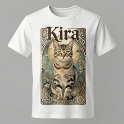 art nouveau concert T-shirt design for heavy metal band “Kira” featuring tabby cat “Kira”, masterpiece, trending on artstation, cgstudio