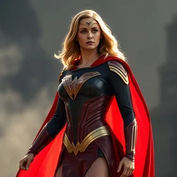 film still of elizabeth olsen as superheroine in the new superwoman movie, red cape, red skirt, 8 k