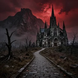 wide angle image, hellish abandoned background landscape, massive mountains, winding stone path leading to a gothic cathedral, castle of evil, vlad the impaler, ornate cathedral with detailed features, dead trees, stormy red sky, horror, unsettling, by gaston bussiere, craig mullins, j. c. ley