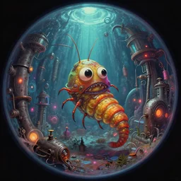 maggot creator,in the style of Shaun Tan and Alexis A. Gilliland and Ken Kelly,trending on artstation, mutated lighting fish eye,Dreamworks ,magic realism ,retrowave ,fisheye lens ,industrialpunk ,