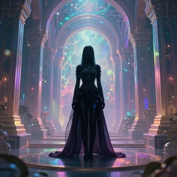 long Shot of psychedelic Black widow standing in mysterious chromatic astral temple  , stylish, lsd, soft, vimeo, cinematic, artwork by WLOP